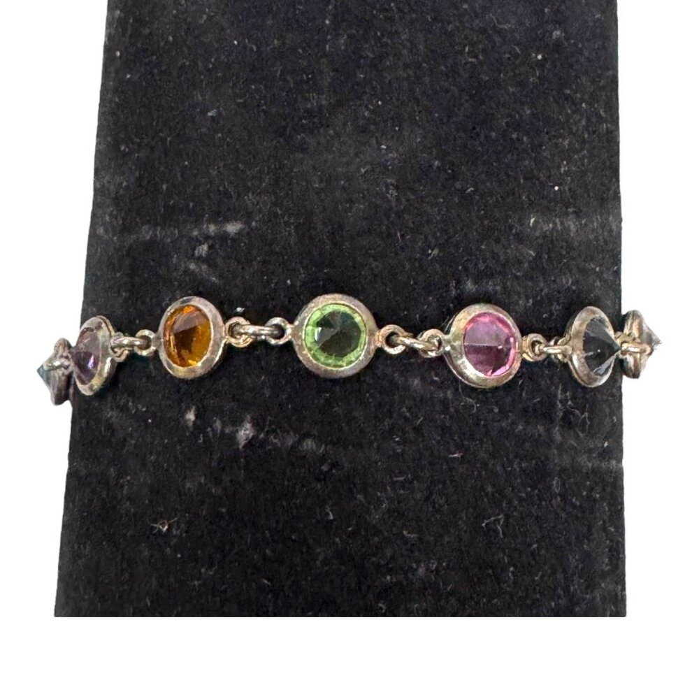 Vintage Milor Sterling Silver Bracelet Rainbow Glass Chain 7.5" 4.9g Italy Y2K